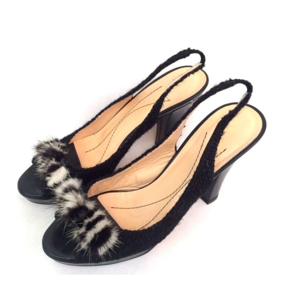 KATE SPADE Galore Black Boucle Tweed Mink Fur Bow Slingback Peep‎ Toe Heels Pump - Picture 12 of 17